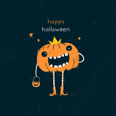 Happy Halloween card with pumpkin cartoon.