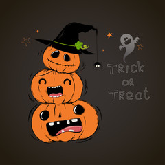 Happy Halloween card with three cute pumpkins cartoon.