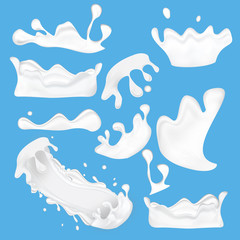 Set of milk splashes, drops and blots
