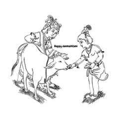 Happy Janmashtami festival holiday - Lord Krishna giving food to cow for eat with his brother Balarama , Hand Drawn Sketch Vector illustration.