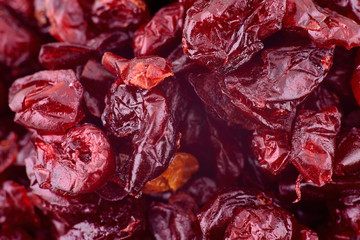 Dried cranberries background texture, copy space, close up. Top view, flat lay