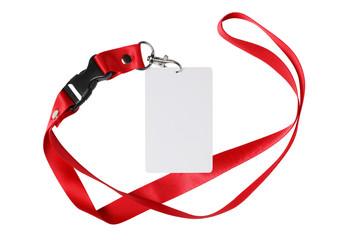 Blank badge or ID pass with a red ribbon, isolated on white background - obrazy, fototapety, plakaty