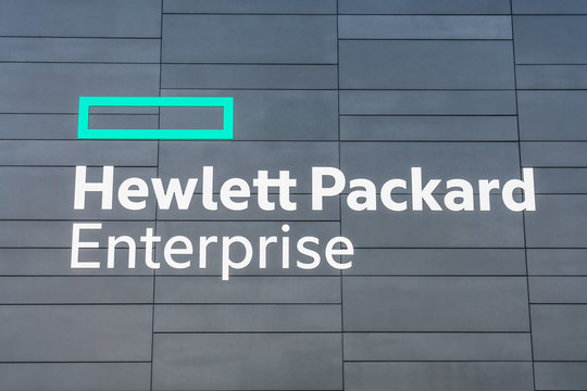 August 5, 2019 Palo Alto / CA / USA - Hewlett Packard Enterprise (HPE) logo displayed at the corporate HQ located in Silicon Valley; HPE is an American multinational enterprise information technology