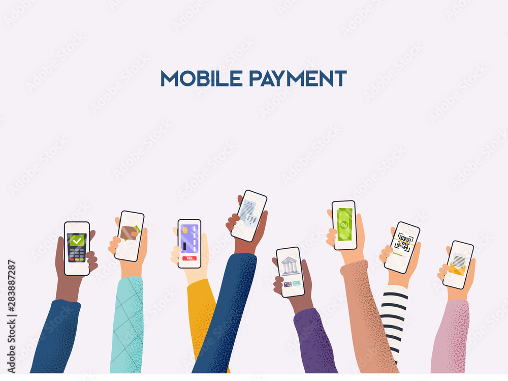 Poster hands holding phones with differed type of payment. flat design vector illustration concepts of onli