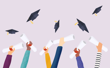 Graduating students of pupil hands in gown throwing graduation caps. Hands holding diploma graduation. Flat design modern vector illustration concept.