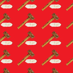 Seamless industrial pattern with rope and hammer on red background