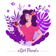 Obraz premium Cute girl with long romantic hair with apple among the leaves and flowers of exotic plants in a T-shirt