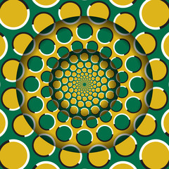Abstract round frame with a moving yellow green circles pattern. Optical illusion hypnotic background.