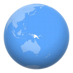 Papua New Guinea on the globe. Earth centered at the location of the Independent State of Papua New Guinea. Map of Papua New Guinea. Includes layer with capital cities.