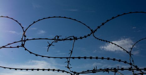 Barbed, rough, wavy wire against a bright blue sky with clouds. Restricted area. Protective wire. Egoza.