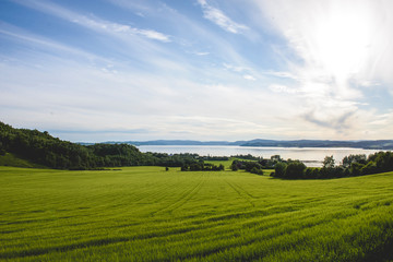 View of green fields and fjords
