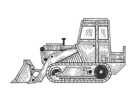 Bulldozer machine sketch engraving vector illustration. Scratch board style imitation. Black and white hand drawn image.