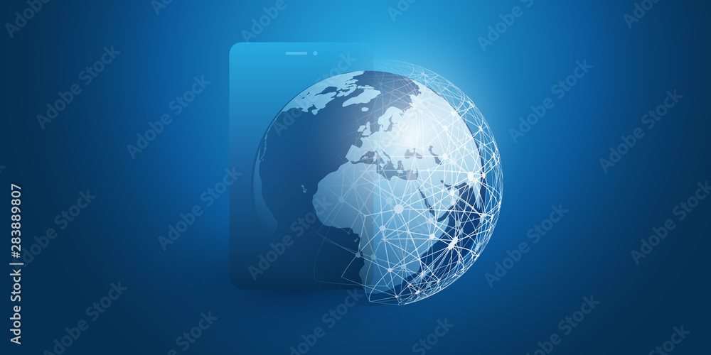Aufkleber global networks design with network mesh, earth globe and smartphone silhouette - vector template fo