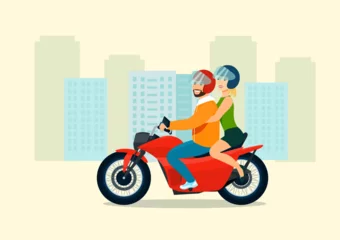 Foto op Plexiglas Young man and woman ride a motorcycle. Vector flat style illustration. © lyudinka