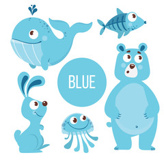 Blue Animals. Cute Characters for education card. Childish Stickers