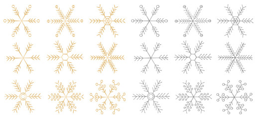 Set of silver and gold snowflakes. New year and Christmas collection. Vector illustration