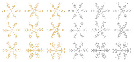 Set of silver and gold snowflakes. New year and Christmas collection. Vector illustration