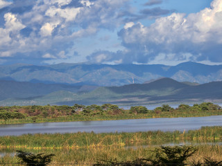 Fototapeta na wymiar Lakes in hilly landscape in southern Ethiopia