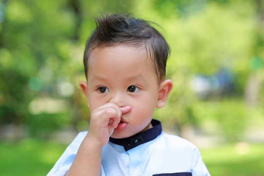 Portrait Of Asian Little Child Feeling Itchy On His Nose In The Garden. Close-up Kid Scratching His Nose Outdoor.