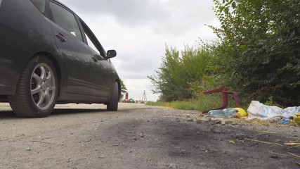 The driver throw garbage on the side of the road 