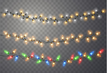 Christmas lights set. Vector New Year decorate garland with glowing light bulbs.