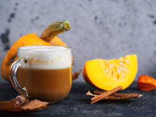 Pumpkin latte with spices . Autumn and winter hot drink . Homemade