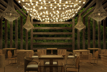 The interior of a summer open air cafe in ethnic retro style with decorations of luminous garlands and wicker furniture at night outdoors. 3D rendering 