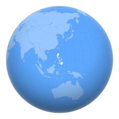 Philippines on the globe. Earth centered at the location of the Republic of the Philippines. Map of Philippines. Includes layer with capital cities.