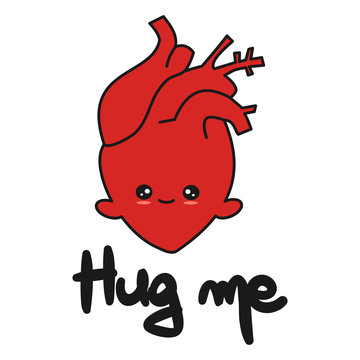 cute hand drawn lettering hug me quote with cartoon human heart vector illustration