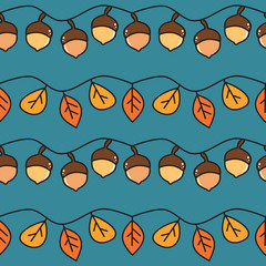 cute fall autumn seamless vector pattern background illustration with colorful acorns and leaves