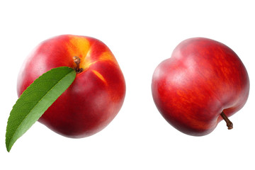nectarine with green leaf isolated on a white background. top view