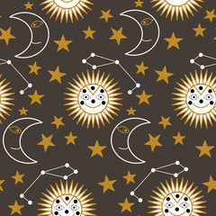 Sun, moon and celestial elements on a dark background, seamless pattern design