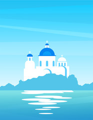 Vector nature landscape of Greek with view on the coast. Church with blue domes on a sunny day