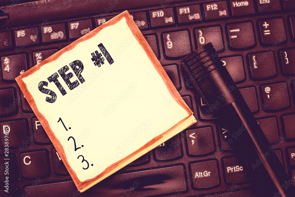 Aufkleber text sign showing step 1. conceptual photo start of planned strategy beginning initiation make progr