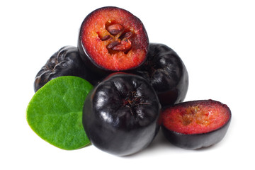 Chokeberry with green leaves isolated on white background. Black aronia