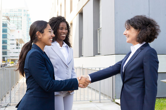 Two smiling businesswomen shaking hands outdoor. Cheerful African American and Caucasian woman meeting in summer park. Communication concept