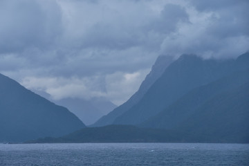 Cloudy and rainy morning in Fjordland, New Zealand