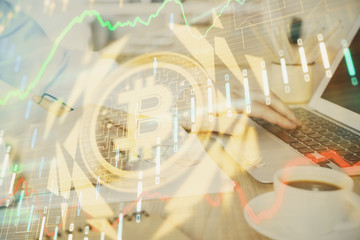 Blockchain theme hud with man working on computer on background. Concept of crypto chain. Double...