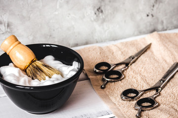 Wooden desktop with tools for shaving beards