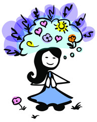 Asian female stick person meditating_thinking positive_colored by jziprian
