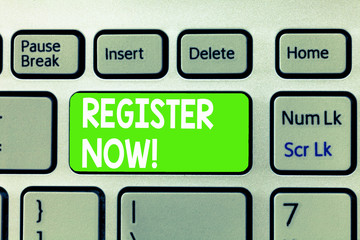 Conceptual hand writing showing REGISTER NOW. Business photo text To put information especially your name into an official list.