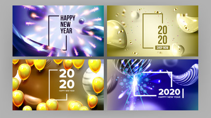 Bright Invite Card Happy New Year Banner . Greeting-card Decorated Yellow Air Balloons And Golden Foil Celebration Background. Horizontal Postcard 3d Illustration