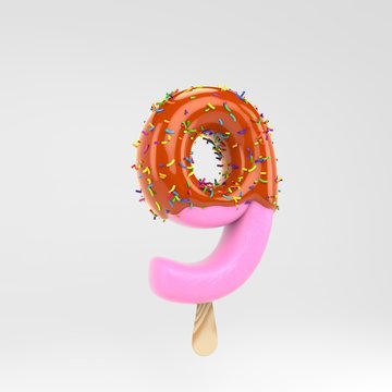 Ice cream number 9. Pink fruit popsicle font with caramel and sprinkles isolated on white background.