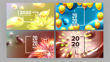 Bright Invite Card Happy New Year Banner . Greeting-card Decorated Yellow Air Balloons And Golden Foil Celebration Background. Horizontal Postcard 3d Illustration