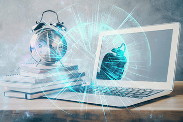 Double exposure of business theme icons and work space with computer background. Concept of success.