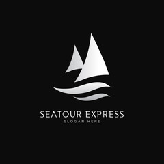 Elegant minimal silver sail boat and wave logo template