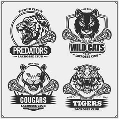 Fototapeta premium Set of lacrosse emblems, badges, logos and labels with tiger, cougars and wildcat. Print design for t-shirt.