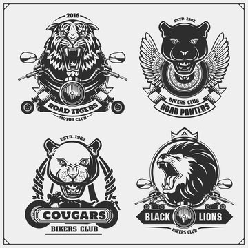 Collection of retro motorcycle labels, badges and design elements. Motor and biker club emblems with panter, puma, lion and tiger. Print design for t-shirt.