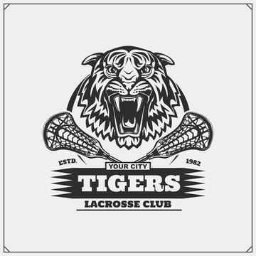 Lacrosse club emblem with angry tiger. Print design for t-shirt.