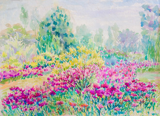 Fototapety  Malarstwo akwarela krajobraz kolorowe kwiaty stokrotki w ogrodzie.